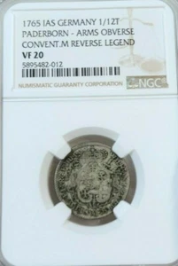 1765 GERMANY SILVER 1/12 THALER PADERBORN NGC VF 20 VERY SCARCE TOP POP 1 - Picture 1 of 5