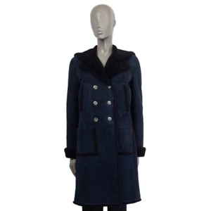 66661 auth CHANEL navy blue 2018 18A HAMBURG SUEDE & SHEARLING Coat Jacket 38 S - Picture 1 of 7