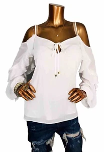 Michael Kors M Top weiß Cold Shoulders MK Logo Bindebänder Schlüsselloch gefüttert Bluse Rüschen - Bild 1 von 12