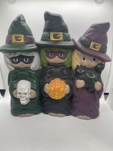 Halloween 3 Witches Decorative Pumpkin Skull Cat Hand Painted Vintage - Picture 1 of 13
