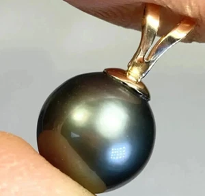 Silber Graue Tahitiperle Anhänger 14k Gelbgold 9+mm Naturfarbe Rund g036 - Bild 1 von 11