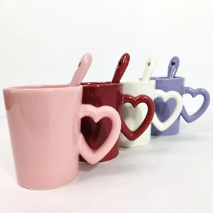 Williams Sonoma 4 Heart Mugs Pink Purple Red White Matching Heart Spoons - Picture 1 of 9