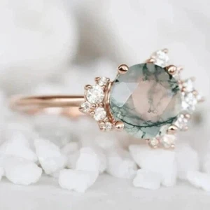 Moss Agate Ring Round Shaped Ring 925 Sterling Silver Ring Rose Gold Plated - Picture 1 of 5