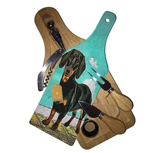 Wine & Cheese Glass Cutting Board Gift Set - Adorable Dachshund Puppy - Picture 1 of 1
