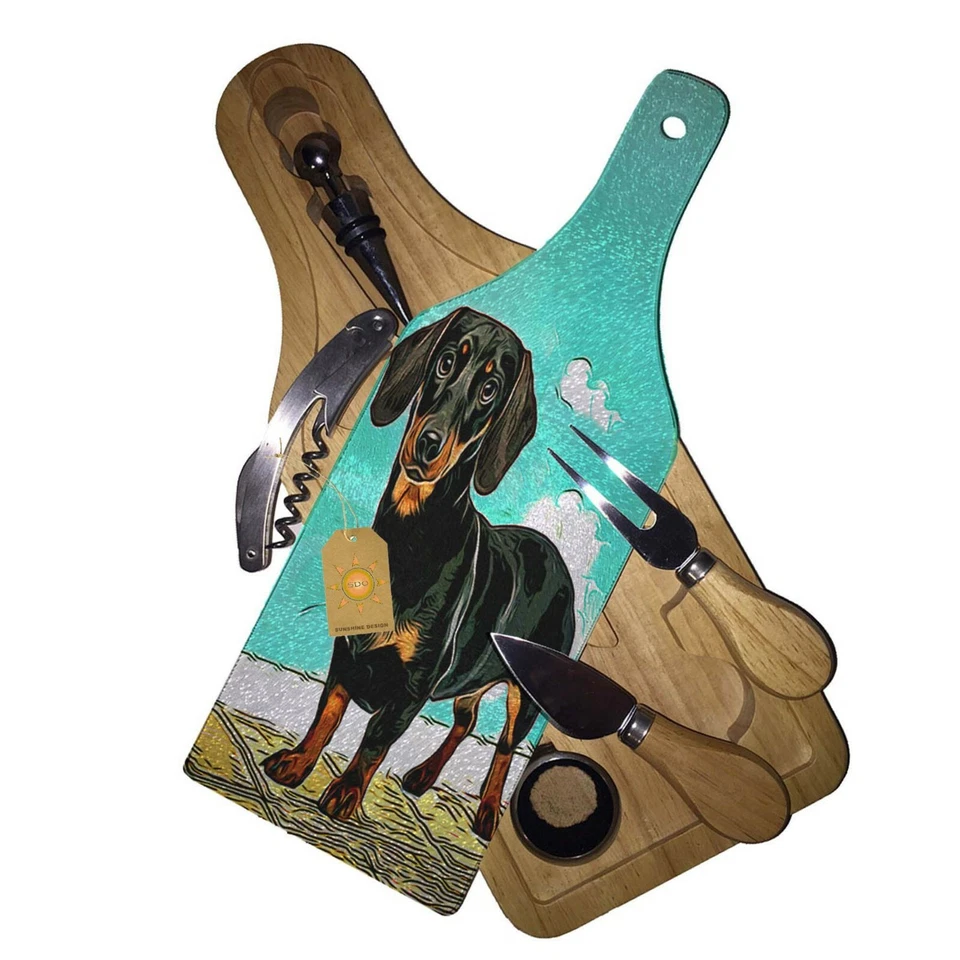 Wine & Cheese Glass Cutting Board Gift Set - Adorable Dachshund Puppy - Image 1 of 1