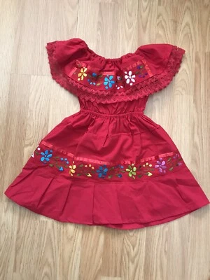 Toddler Mexican Embroidered Bright Red  Dress Ruffled Lace Trim Party Fiesta - Image 1 of 4