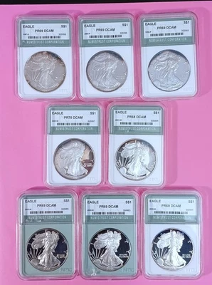 Lote de (8) águilas de plata americanas a prueba de gemas (1987-2005) Foto 1 de 4