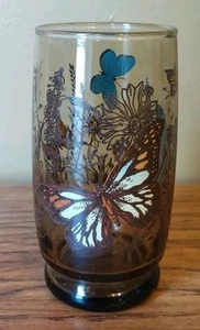 Vintage Libbey Smokey Butterfly Meadow Garden Tumbler Drinking Glass 70s - Picture 1 of 8