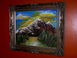 Quadro su tela ORIGINALE alta montagna neve ghiaccio paesaggio alberi verdi vintage - Foto 1 di 13