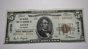 $5 1929 Altus Oklahoma OK National Currency Bank Note Bill! #13756 Uncirculated! - Picture 1 of 3