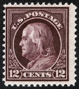 US Sc 417 Claret 12¢ 1912 p.12 SLWm Light Small Hinge Mark Original Gum - Picture 1 of 1