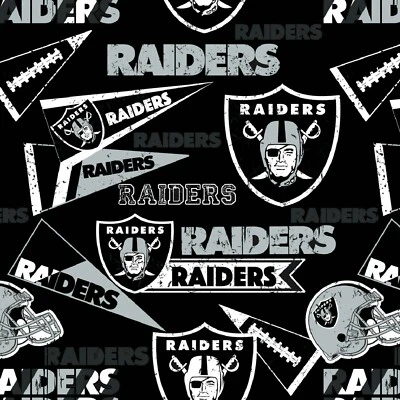  BTHY NFL Oakland Raiders Logo Black White Pendent Cotton Fabric By Half Yard - Image 1 of 2
