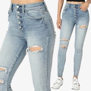 TheMogan Distressed Ripped High Waist Stretch Perfect Awesome Crop Skinny Jeans - Picture 1 of 14