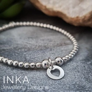 Inka 925 Sterling Silver stretch beaded Stacking Bracelet with HEART Coin charm - Picture 1 of 8
