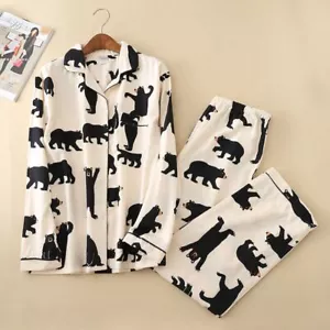 New Ladies Big Black Bears Cotton White Button Up Top & Trousers Pyjamas Pajamas - Picture 1 of 6