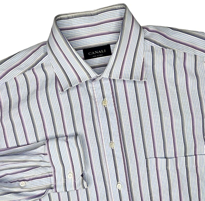 Canali Dress Shirt Size 17 Striped Spread Collar Cotton Button Front - Image 1 of 4
