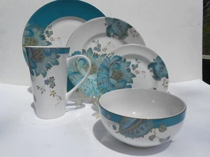 19tlg 222 Fifth Avenue Eliza Teal Geschirrset Türkis Becher Schale Dinner Floral - Bild 1 von 5