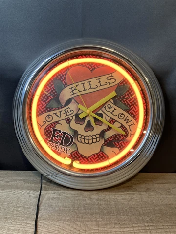 Ed Hardy Love Kills Slowly 15” Round Neon Clock (Tested) Cover