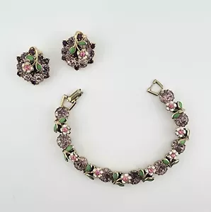 Vintage Weiss Lila Strass & Emaille Blume Armband & Clip Ohrringe SET - Bild 1 von 9