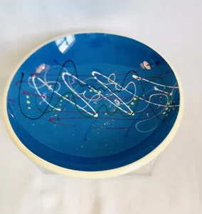VTG MCM Abstract Footed Bowl. Blue w Colorful Art. 8” Studio Ceramic. Signed “S” - Picture 1 of 6