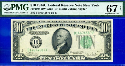 Top Pop 1/0 1934C $10 Federal Reserve Note PMG 67EPQ finest BF Block Fr 2008-BW - Image 1 of 4