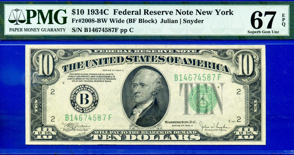 Top Pop 1/0 1934C $10 Federal Reserve Note PMG 67EPQ finest BF Block Fr 2008-BW - Image 1 of 4