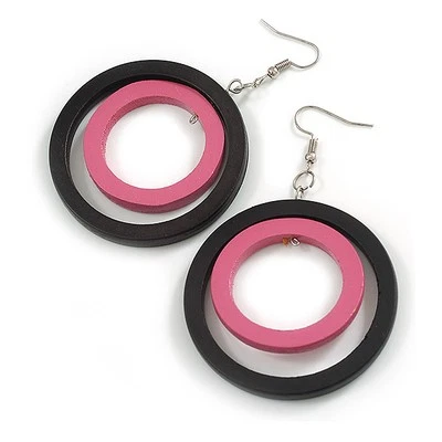 50mm D/Black/Pink Double Circle Wood Hoop Earrings - 75mm Long - Image 1 of 4