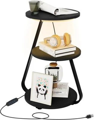 LED Round Side Table with Storage – 3 Tier Bedside Coffee Table Black - Image 1 of 4