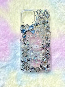 Handmade iPhone 15 Case Moving Heart Stones Glitter Ribbon Pearls Aurora Gems - Photo 1 sur 1
