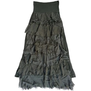 Made In Italy Layered Maxi Skirt High Waist Silk Viscose Khaki Stretch Boho Sz S - Picture 1 of 4