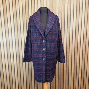 Phase Eight Coat Overcoat Blue Red Check UK 10 Boucle Knit Above Knee Oversize - Picture 1 of 12