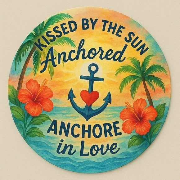 Letrero redondo corazón ancla playa tropical besado por el sol anclado enamorado Foto 1 de 1