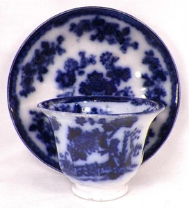 Indian Flow Blue Cup & Saucer Handleless F R Pratt 1840s Antique #2 As Is - Picture 1 of 11
