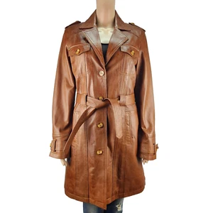 Transmission leather coat women size S brown belted button straps pockets - Picture 1 of 7