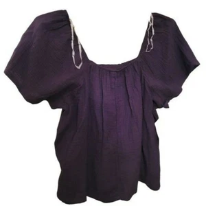 Black Top 100% Cotton Linen Gauze Sleep Shirt Square Neck Women's Medium LR137 - Picture 1 of 4