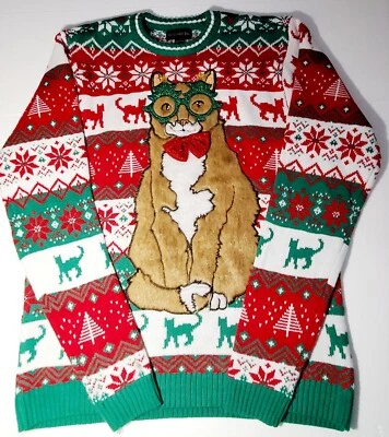 Blizzard Bay Ugly Sweater Christmas Cat Glasses with Fur Sweatshirt Men's XL - Image 1 of 4