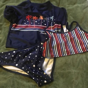 NEW Art Class XL 14/16 Blue Stars Stripe 3 Piece Bikini Rashguard Surf Swim Set - Picture 1 of 12