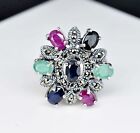 100% Natural Ruby Emerald & Sapphire 11.16 Gm 925 Sterling Silver Ring US 8.9