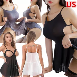 Women's Sexy Lace See Through Babydoll Lingerie Tulle Dresses with G-string - Picture 1 of 48