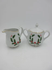 Fine China from Japan - Holly Holiday - Creamer and Sugar Bowl with Lid - Picture 1 of 4