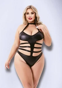 Baci Lingerie Halter Top Wetlook Strappy Cutout Bodice Teddy Black Queen - Picture 1 of 2