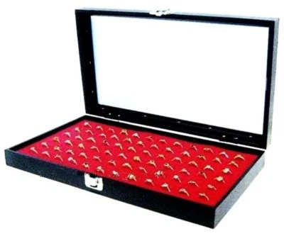 Key Lock Locking Glass Top Lid 72 Ring Red Jewelry Display Box Storage Case - Image 1 of 4