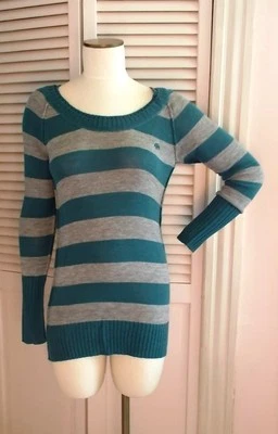 ENERGIE LONG SLEEVE SWEATER RUGBY STRIPES TEAL & GRAY - LARGE - NEW - Image 1 of 4