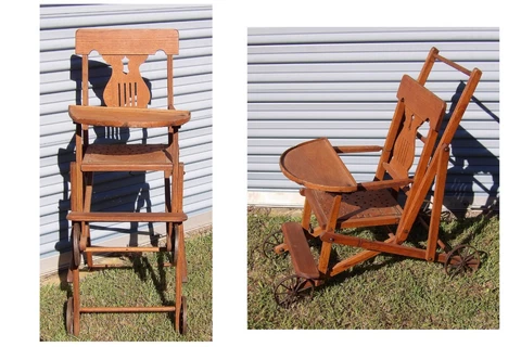 ANTIQUE PRIMITIVE SOLID WOOD CONVERTIBLE HIGH CHAIR STROLLER WHEELS FOLK ART WOW Cover