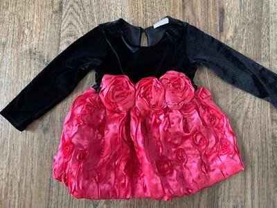 CachCach Bebé Niña 24 Meses Negro Terciopelo Top Caliente Rosa Flor Falda Vestido de Fiesta Foto 1 de 4