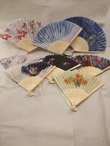 8 Pc Lot Asian Handheld Folding Silk Fans Assortment - Picture 1 of 5