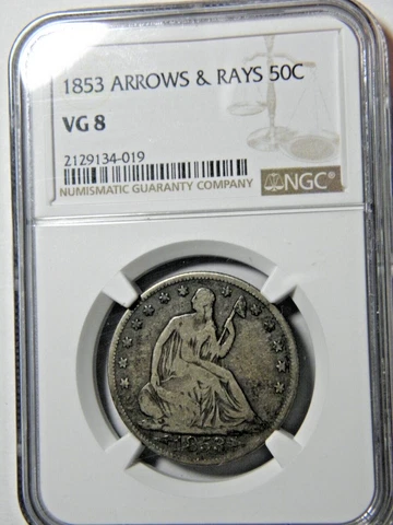 1853 ARROWS &RAYS LIB STD 50c NGC VG8 SCARCE ONE YEAR TYPE COIN CHOICE FOR GRADE Cover