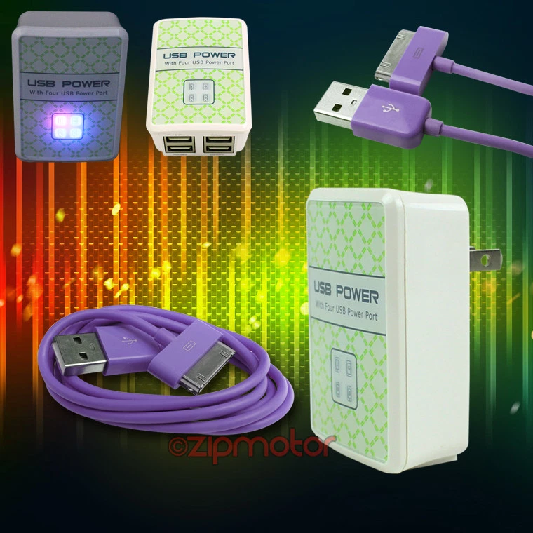 100X 4 USB PORT WALL ADAPTER+3FT CABLE CHARGER SYNC PURPLE FOR IPHONE IPOD IPAD - Image 1 of 1