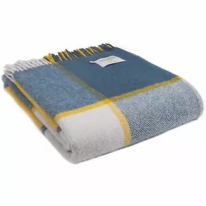 TWEEDMILL TEXTILES THROW 100% Wool Bed Blanket BLOCK CHECK INK BLUE YELLOW GREY - Picture 1 of 12