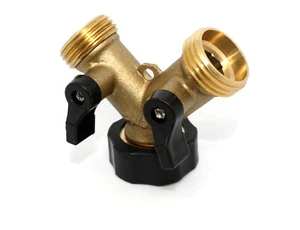 2-Way Brass Garden Hose Connector Splitter Y Connector Shut off Water Valves - Picture 1 of 4